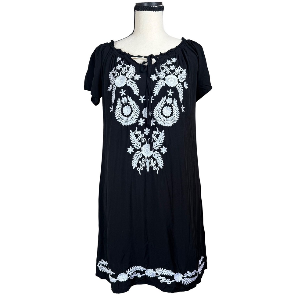 Mr. Buho Embroidered Tunic Dress Womens Medium‎ Black White Boho Tie Neck
